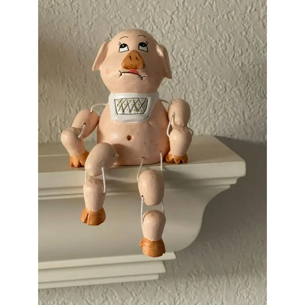 Vintage Handpainted Wood Pig Shelf Sitter Figurine~Signed Woodful ~ Farmhouse